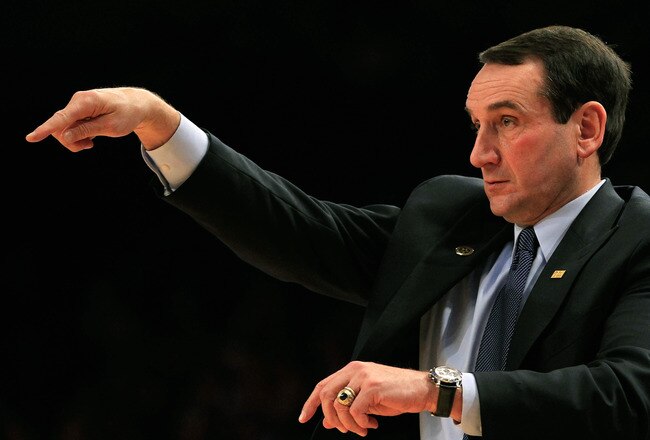 NEW YORK, NY - DECEMBER 10:  Head coach Mike Krzyzewski of the Duke Blue Devils coaches against the Washington Huskies at Madison Square Garden on December 10, 2011 in New York City.  (Photo by Chris Trotman/Getty Images)