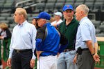 NEW YORK - AUGUST 06:  New York Mets Chief Executive Officer Fred Wilpon , Manager Terry Collins, prospective Mets owner David Einhorn and General Manager Sandy Alderson (L-R) talk during batting practice before a Major League Baseball game against the Atlanta Braves at Citi Field on August 6, 2011 in the Flushing neighborhood of the Queens borough of New York City.  (Photo by Paul Bereswill/Getty Images)