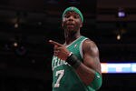 NEW YORK, NY - APRIL 22:  Jermaine O'Neal #7 of the Boston Celtics reacts against the New York Knicks in Game Three of the Eastern Conference Quarterfinals in the 2011 NBA Playoffs on April 22, 2011 at Madison Square Garden in New York City.  NOTE TO USER: User expressly acknowledges and agrees that, by downloading and or using this photograph, User is consenting to the terms and conditions of the Getty Images License Agreement.  (Photo by Nick Laham/Getty Images)