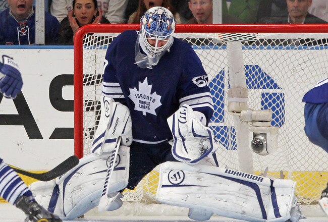 NEW YORK, NY - DECEMBER 05: Jonas Gustavsson #50 of the Toronto Maple Leafs comes up with the third period save against the New York Rangers at Madison Square Garden on December 5, 2011 in New York City.  The Leafs defeated the Rangers 4-2. (Photo by Bruce Bennett/Getty Images)