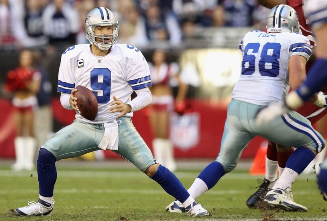 GLENDALE, AZ - DECEMBER 04:  Quarterback Tony Romo #9 of the Dallas Cowboys during the NFL game against the Arizona Cardinals at the University of Phoenix Stadium on December 4, 2011 in Glendale, Arizona. The Cardinals defeated the Cowboys 19-13 in overtime.  (Photo by Christian Petersen/Getty Images)