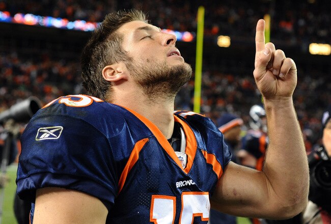 DENVER, CO - NOVEMBER 17: Tim Tebow #15 of the Denver Broncos celebrates after the game against New York Jets at Sports Authority Field at Mile High on November 17, 2011 in Denver, Colorado.  (Photo by Garrett W. Ellwood/Getty Images)