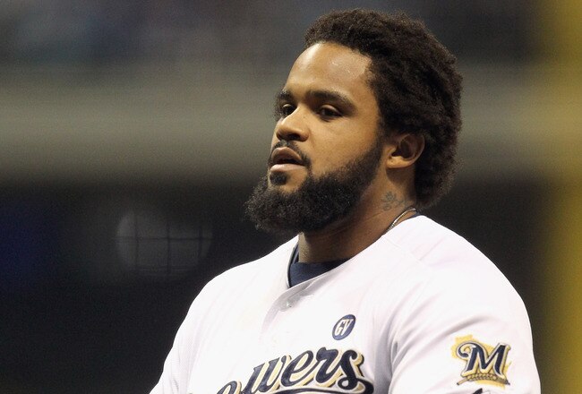 MILWAUKEE, WI - OCTOBER 16:  Prince Fielder #28 of the Milwaukee Brewers reacts after he flied out for the third out in the bottom of the third inning against the St. Louis Cardinals during Game Six of the National League Championship Series at Miller Park on October 16, 2011 in Milwaukee, Wisconsin.  (Photo by Jonathan Daniel/Getty Images)