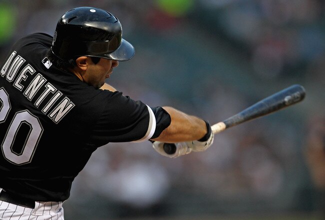 CHICAGO, IL - AUGUST 14: Carlos Quentin #20 of the Chicago White Sox hits a run-scoring double in the 1st inning against the Texas Rangers at U.S. Cellular Field on August 19, 2011 in Chicago, Illinois. (Photo by Jonathan Daniel/Getty Images)