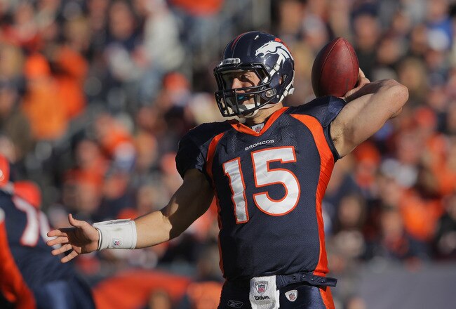 DENVER, CO - DECEMBER 11:  Tim Tebow #15 of the Denver Broncos passes the ball during the game against the Chicago Bears at Invesco Field at Mile High on December 11, 2011 in Denver, Colorado.  (Photo by Doug Pensinger/Getty Images)
