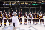 ST. PAUL, MN - APRIL 09:  The Minnesota Duluth Bulldogs celebrate the win after the championship game of the 2011 NCAA Men's Frozen Four on April 9, 2011 at the Xcel Energy Center in St. Paul, Minnesota. The Minnesota Duluth Bulldogs defeated the Michigan Wolverines 3-2 in overtime.  (Photo by Elsa/Getty Images)