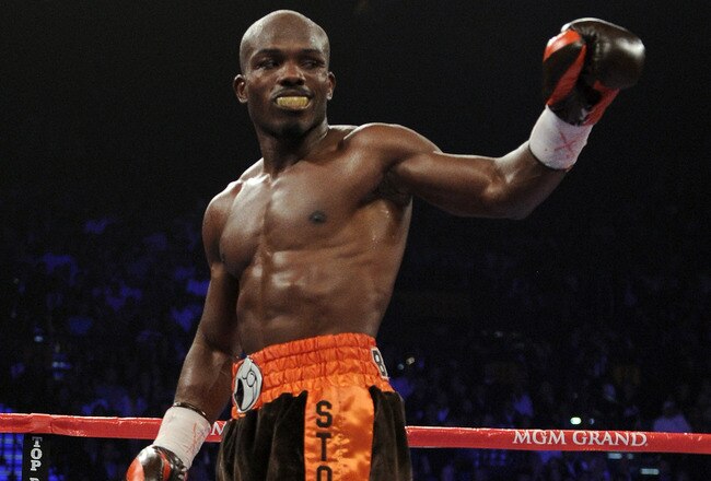 LAS VEGAS, NV - NOVEMBER 12:  Timothy Bradley celebrates after knocking down Joel Casamayor before Casamayor's trainer Miguel Diaz stopped the right in the eighth round in their WBO junior welterweight title fight at the MGM Grand Garden Arena on November 12, 2011 in Las Vegas, Nevada.  (Photo by Harry How/Getty Images)