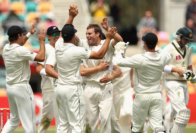 HOBART, AUSTRALIA - DECEMBER 12:  Douglas Bracewell of New Zealand celebrates getting the wicket of James Pattinson of Australia during day four of the Second Test match between Australia and New Zealand at Bellerive Oval on December 12, 2011 in Hobart, Australia.  (Photo by Quinn Rooney/Getty Images)