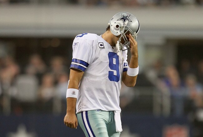 ARLINGTON, TX - NOVEMBER 06:  Quarterback Tony Romo #9 of the Dallas Cowboys looks dejected during the game against the Seattle Seahawks at Cowboys Stadium on November 6, 2011 in Arlington, Texas.  (Photo by Jeff Gross/Getty Images)