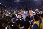 PASADENA, CA - JANUARY 25:  Head coach Bill Parcells of the New York Giants gets carried off the field following the game against the Denver Broncos during Super Bowl XXI at the Rose Bowl on January 25, 1987 in Pasadena, California. The Giants defeated the Broncos 39-20. (Photo by George Rose/Getty Images)