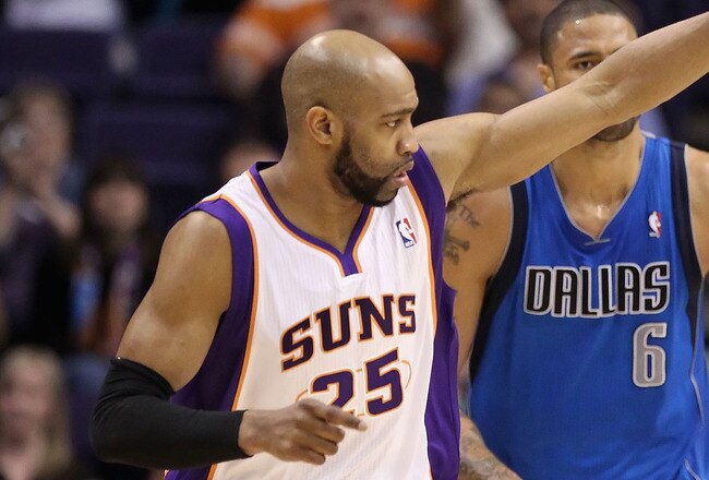PHOENIX, AZ - MARCH 27:  Vince Carter #25 of the Phoenix Suns reacts after hitting a three point shot against the Dallas Mavericks during the NBA game at US Airways Center on March 27, 2011 in Phoenix, Arizona.  NOTE TO USER: User expressly acknowledges and agrees that, by downloading and or using this photograph, User is consenting to the terms and conditions of the Getty Images License Agreement.  (Photo by Christian Petersen/Getty Images)