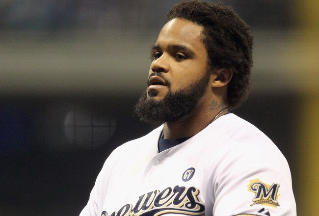 MILWAUKEE, WI - OCTOBER 16:  Prince Fielder #28 of the Milwaukee Brewers reacts after he flied out for the third out in the bottom of the third inning against the St. Louis Cardinals during Game Six of the National League Championship Series at Miller Park on October 16, 2011 in Milwaukee, Wisconsin.  (Photo by Jonathan Daniel/Getty Images)