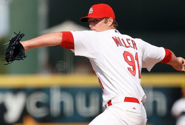 JUPITER, FL - MARCH 10:  Relief pitcher Shelby Miller #91 of the St Louis Cardinals pitches against the Washington Nationals at Roger Dean Stadium on March 10, 2010 in Jupiter, Florida.  (Photo by Doug Benc/Getty Images)