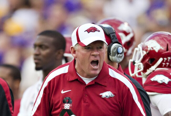 BATON ROUGE, LA - NOVEMBER 25:   Head Coach Bobby Petrino of the Arkansas Razorbacks yells at a official during a game against the LSU Tigers at Tiger Stadium on November 25, 2011 in Baton Rouge, Louisiana.  The Tigers defeated the Razorbacks 41 to 17.  (Photo by Wesley Hitt/Getty Images)