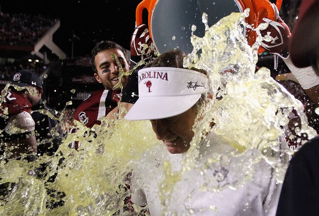COLUMBIA, SC - NOVEMBER 26:  Head coach Steve Spurrier of the South Carolina Gamecocks is covered in Gatorade after defeating the Clemson Tigers 34-13 at Williams-Brice Stadium on November 26, 2011 in Columbia, South Carolina.  (Photo by Streeter Lecka/Getty Images)