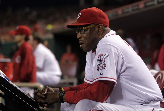 CINCINNATI, OH - SEPTEMBER 20: Dusty Baker #12 of the Cincinnati Reds reacts to his team's play against the Houston Astros at Great American Ball Park on September 20, 2011 in Cincinnati, Ohio.  (Photo by John Sommers II/Getty Images)