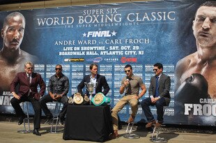 BRENTWOOD, ENGLAND - AUGUST 22:  Carl Froch of Great Britain talks ot the press during the Carl Froch and Andre Ward Press Conference at Matchroom Sports Head Office on August 22, 2011 in Brentwood, England.  (Photo by Tom Shaw/Getty Images)
