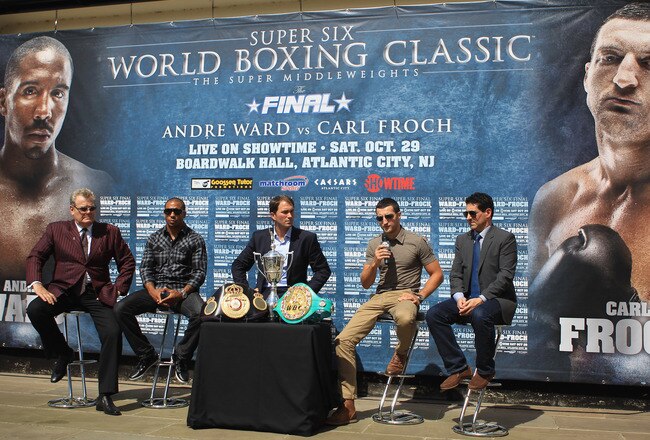 BRENTWOOD, ENGLAND - AUGUST 22:  Carl Froch of Great Britain talks ot the press during the Carl Froch and Andre Ward Press Conference at Matchroom Sports Head Office on August 22, 2011 in Brentwood, England.  (Photo by Tom Shaw/Getty Images)