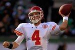 EAST RUTHERFORD, NJ - DECEMBER 11:  Tyler Palko #4 of the Kansas City Chiefs throws against the New York Jets at MetLife Stadium on December 11, 2011 in East Rutherford, New Jersey.  (Photo by Chris Trotman/Getty Images)