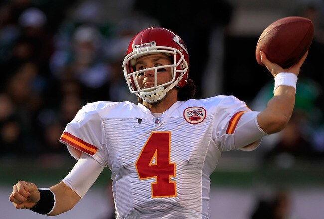 EAST RUTHERFORD, NJ - DECEMBER 11:  Tyler Palko #4 of the Kansas City Chiefs throws against the New York Jets at MetLife Stadium on December 11, 2011 in East Rutherford, New Jersey.  (Photo by Chris Trotman/Getty Images)
