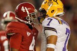 TUSCALOOSA, AL - NOVEMBER 05:  Mark Barron #4 of the Alabama Crimson Tide yells at Tyrann Mathieu #7 of the LSU Tigers during the first quarter of the game at Bryant-Denny Stadium on November 5, 2011 in Tuscaloosa, Alabama.  (Photo by Streeter Lecka/Getty Images)