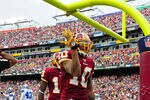 LANDOVER, MD - NOVEMBER 20: Jabar Gaffney #10 of the Washington Redskins celebrates after scoring a touchdown against the Dallas Cowboys at FedEx Field on November 20, 2011 in Landover, Maryland. (Photo by Scott Cunningham/Getty Images)