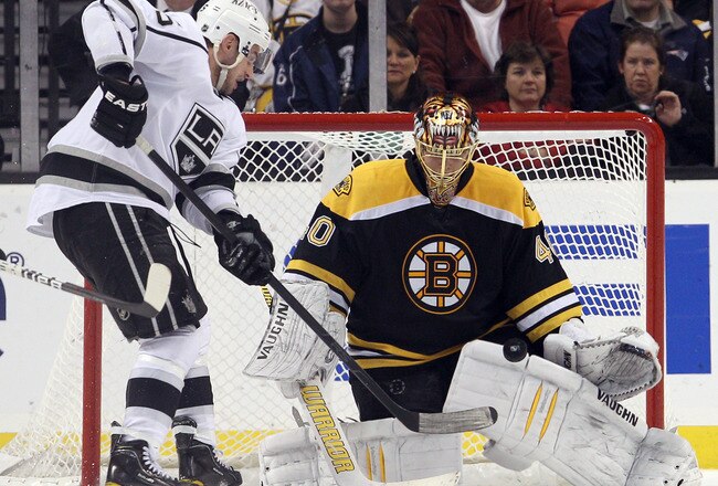 BOSTON, MA - DECEMBER 13:  Tuukka Rask #40 of the Boston Bruins stops a shot by Brad Richardson #15 of the Los Angeles Kings on December 13, 2011 at TD Garden in Boston, Massachusetts. The Boston Bruins defeated the Los Angeles Kings 3-0.  (Photo by Elsa/Getty Images)