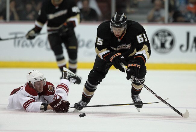 ANAHEIM, CA - SEPTEMBER 20:  Emerson Etem #65 of the Anaheim Ducks skates past Oliver Ekman-Larsson #23 of the Phoenix Coyotes in the second period at Honda Center on September 20, 2011 in Anaheim, California.  (Photo by Jeff Gross/Getty Images)
