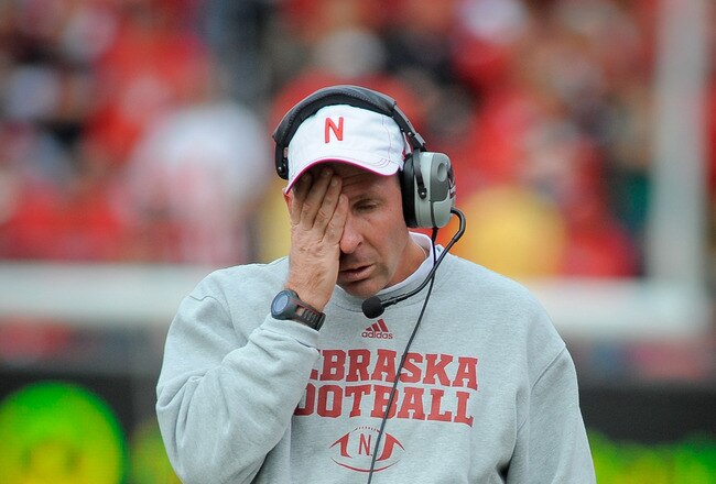 LINCOLN, NE - OCTOBER 29: Nebraska Cornhuskers coach Bo Pelini reacts during their game against the Michigan State Spartans at Memorial Stadium October 29, 2011 in Lincoln, Nebraska. Nebraska defeated Michigan State 24-3. (Photo by Eric Francis/Getty Images)
