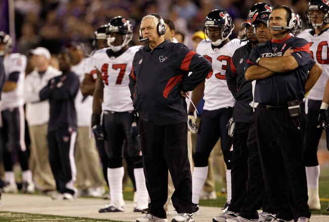 BALTIMORE, MD - OCTOBER 16: Defensive coordinator Wade Phillips of the Houston Texans looks from the sidelines against the Baltimore Ravens at M&T Bank Stadium on October 16, 2011 in Baltimore, Maryland. The Ravens won 29-14.  (Photo by Rob Carr/Getty Images)