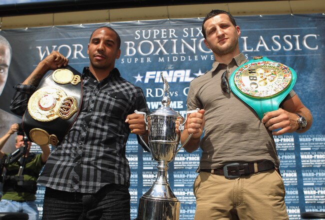 BRENTWOOD, ENGLAND - AUGUST 22:  Andre Ward of the USA and Carl Froch of Britain pose with the cup during the Carl Froch and Andre Ward Press Conference at Matchroom Sports Head Office on August 22, 2011 in Brentwood, England.  (Photo by Tom Shaw/Getty Images)