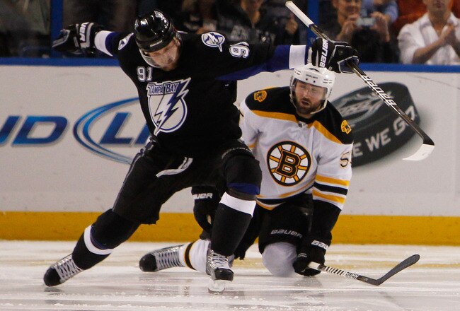TAMPA, FL - MAY 25:  Steven Stamkos #91 of the Tampa Bay Lightning celebrates his third period goal against the Boston Bruins in Game Six of the Eastern Conference Finals during the 2011 NHL Stanley Cup Playoffs at St Pete Times Forum on May 25, 2011 in Tampa, Florida.  (Photo by Eliot J. Schechter/Getty Images)