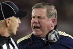 STANFORD, CA - NOVEMBER 26:  Notre Dame Fighting Irish head coach Brian Kelly argues a call with side judge Glenn Crowther during their game against the Stanford Cardinal at Stanford Stadium on November 26, 2011 in Stanford, California.  (Photo by Ezra Shaw/Getty Images)