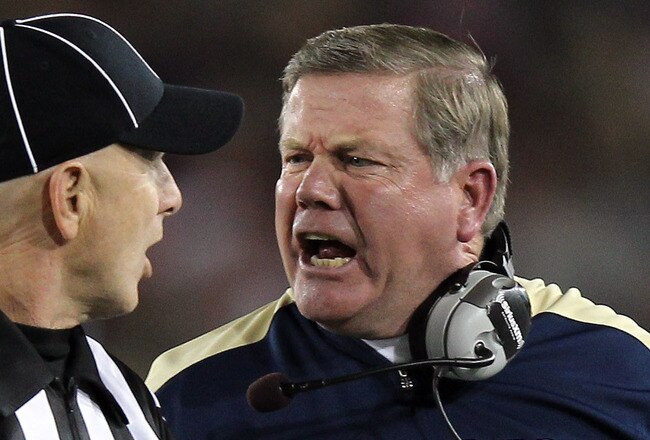 STANFORD, CA - NOVEMBER 26:  Notre Dame Fighting Irish head coach Brian Kelly argues a call with side judge Glenn Crowther during their game against the Stanford Cardinal at Stanford Stadium on November 26, 2011 in Stanford, California.  (Photo by Ezra Shaw/Getty Images)