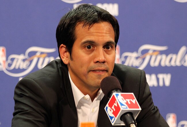 MIAMI, FL - JUNE 12:  Head coach Erik Spoelstra of the Miami Heat answers questions from the media after the Dallas Mavericks won 105-95 in Game Six of the 2011 NBA Finals at American Airlines Arena on June 12, 2011 in Miami, Florida. NOTE TO USER: User expressly acknowledges and agrees that, by downloading and/or using this Photograph, user is consenting to the terms and conditions of the Getty Images License Agreement.  (Photo by Mike Ehrmann/Getty Images)