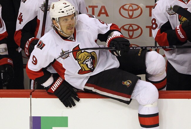 WINNIPEG, CANADA - NOVEMBER 29: Milan Michalek #9 of the Ottawa Senators jumps the boards to skate against the Winnipeg Jets at the MTS Centre on November 29, 2011 in Winnipeg, Canada. The Senators defeated the Jets 6-4.