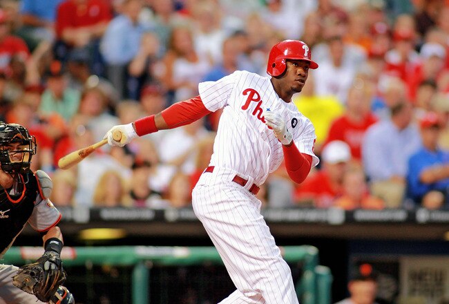 PHILADELPHIA , PA - JULY 27:  Domonic Brown #9 of the Philadelphia Phillies bats against the San Francisco Giants at Citizens Bank Park on July 27, 2011 in Philadelphia, Pennsylvania.  The Giants defeated the Phillies 2-1. (Photo by Len Redkoles/Getty Images)