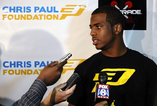 WINSTON-SALEM, NC - OCTOBER 01:  Chris Paul, of the New Orleans Hornets, speaks to the media prior to the CP3 All-Star pickup game at the Winston-Salem State University - C.E. Gaines Center on October 1, 2011 in Winston-Salem, North Carolina.  (Photo by Jared C. Tilton/Getty Images)