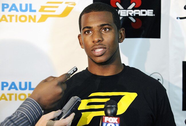 WINSTON-SALEM, NC - OCTOBER 01:  Chris Paul, of the New Orleans Hornets, speaks to the media prior to the CP3 All-Star pickup game at the Winston-Salem State University - C.E. Gaines Center on October 1, 2011 in Winston-Salem, North Carolina.  (Photo by Jared C. Tilton/Getty Images)