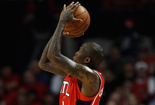 CHICAGO, IL - MAY 02: Jamal Crawford #11 of the Atlanta Hawks puts up a shot against the Chicago Bulls in Game One of the Eastern Conference Semifinals in the 2011 NBA Playoffs at the United Center on May 2, 2011 in Chicago, Illinois. The Hawks defeated the Bulls 103-95. NOTE TO USER: User expressly acknowledges and agrees that, by downloading and/or using this photograph, User is consenting to the terms and conditions of the Getty Images License Agreement. (Photo by Jonathan Daniel/Getty Images)