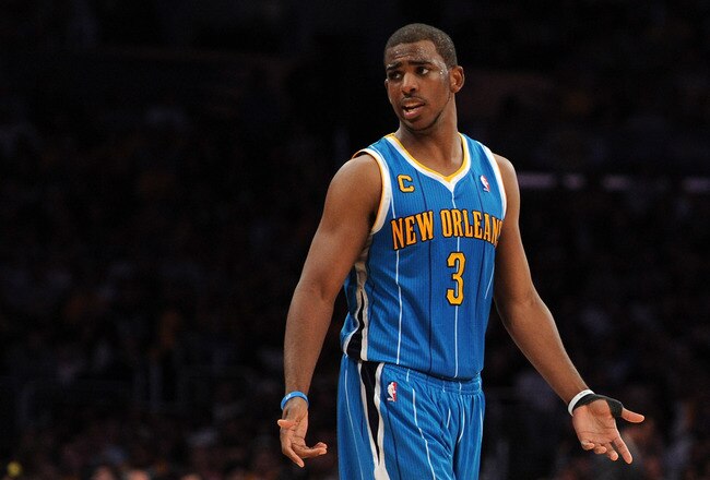 LOS ANGELES, CA - APRIL 26:  Chris Paul #3 of the New Orleans Hornets reacts late in the fourth quarter while taking on the Los Angeles Lakers in Game Five of the Western Conference Quarterfinals in the 2011 NBA Playoffs on April 26, 2011 at Staples Center in Los Angeles, California. NOTE TO USER: User expressly acknowledges and agrees that, by downloading and or using this photograph, User is consenting to the terms and conditions of the Getty Images License Agreement.  (Photo by Harry How/Getty Images)