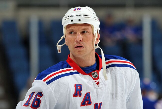 UNIONDALE, NY - NOVEMBER 15: Sean Avery #16 of the New York Rangers looks on during warmups prior to the game against the New York Islanders at Nassau Coliseum on November 15, 2011 in Uniondale, New York. (Photo by Christopher Pasatieri/Getty Images)