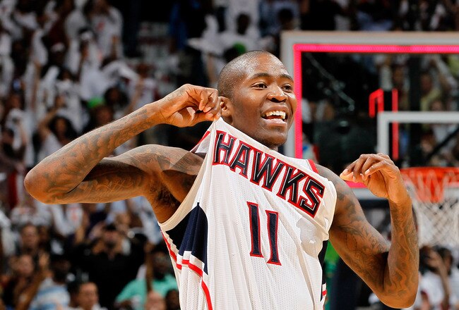ATLANTA, GA - APRIL 28:  Jamal Crawford #11 of the Atlanta Hawks reacts after their 84-81 win over the Orlando Magic during Game Six of the Eastern Conference Quarterfinals in the 2011 NBA Playoffs at Philips Arena on April 28, 2011 in Atlanta, Georgia.  NOTE TO USER: User expressly acknowledges and agrees that, by downloading and or using this photograph, User is consenting to the terms and conditions of the Getty Images License Agreement.  (Photo by Kevin C. Cox/Getty Images)