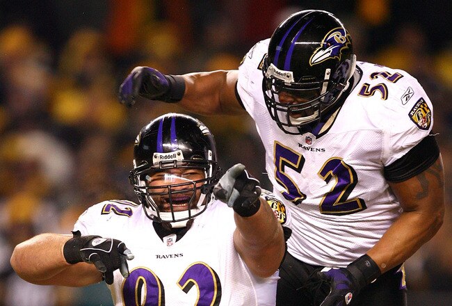 PITTSBURGH - JANUARY 18:  Haloti Ngata #92 and Ray Lewis #52 of the Baltimore Ravens celebrate after Ngata recorded a sack in the first quarter against the Pittsburgh Steelers during the AFC Championship game on January 18, 2009 at Heinz Field in Pittsburgh, Pennsylvania.  (Photo by Al Bello/Getty Images)