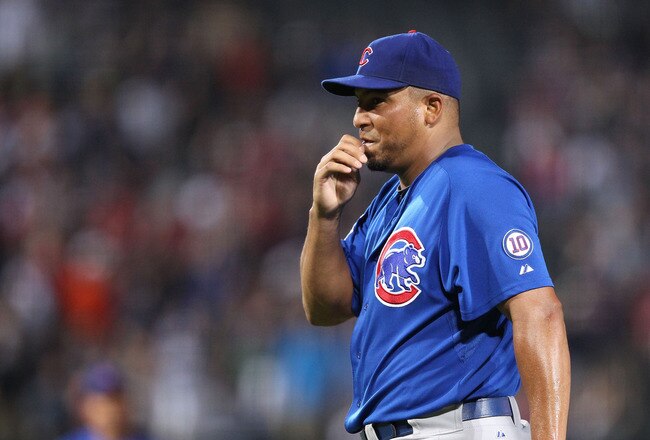 ATLANTA, GA - AUGUST 12:  Pitcher Carlos Zambrano #38 of the Chicago Cubs reacts after throwing a pitch that got him ejected from the game against the Atlanta Braves at Turner Field on August 12, 2011 in Atlanta, Georgia.  (Photo by Mike Zarrilli/Getty Images)