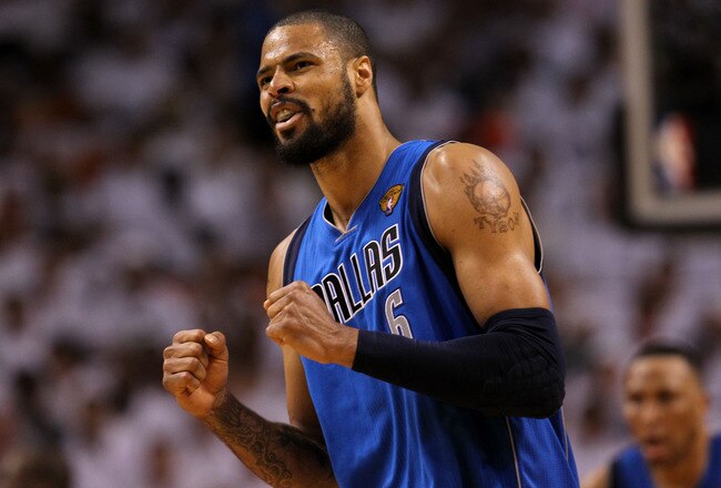 MIAMI, FL - JUNE 12:  Tyson Chandler #6 of the Dallas Mavericks reacts against the Miami Heat in the third quarter of Game Six of the 2011 NBA Finals at American Airlines Arena on June 12, 2011 in Miami, Florida. NOTE TO USER: User expressly acknowledges and agrees that, by downloading and/or using this Photograph, user is consenting to the terms and conditions of the Getty Images License Agreement.  (Photo by Ronald Martinez/Getty Images)