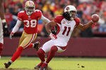 SAN FRANCISCO, CA - NOVEMBER 20:  Larry Fitzgerald #11 of the Arizona Cardinals can't hold on to a pass while defended by Dashon Goldson #38 of the San Francisco 49ers at Candlestick Park on November 20, 2011 in San Francisco, California.  (Photo by Ezra Shaw/Getty Images)