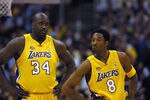 8 Jun 2001:  Kobe Bryant #8 and Shaquille O''Neal #34 of the Los Angeles Lakers in game two of the NBA Finals against the Philadelphia 76ers at Staples Center in Los Angeles, California.  The Lakers won 98-89.  DIGITAL IMAGE.  Mandatory Credit: Jed Jacobsohn/Allsport.