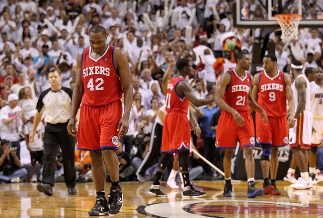 MIAMI, FL - APRIL 27:  Elton Brand #42 of the Philadelphia 76ers walks off the floor after fouling out during game five of the Eastern Conference Quarterfinals in the 2011 NBA Playoffs against the Miami Heat at American Airlines Arena on April 27, 2011 in Miami, Florida. NOTE TO USER: User expressly acknowledges and agrees that, by downloading and/or using this Photograph, User is consenting to the terms and conditions of the Getty Images License Agreement.  (Photo by Mike Ehrmann/Getty Images)