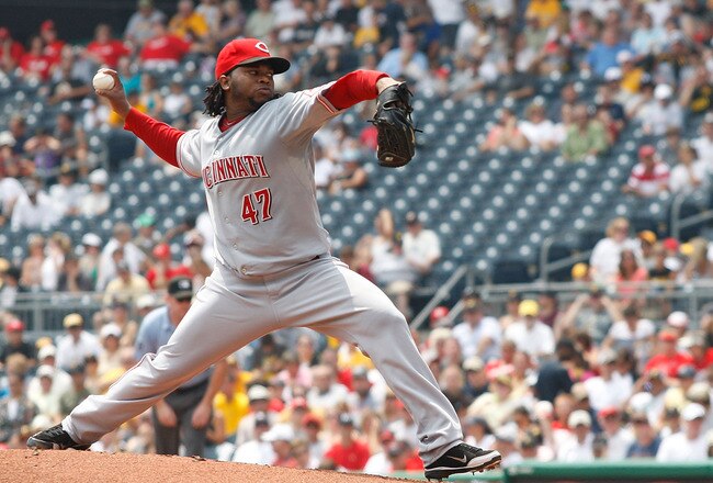 PITTSBURGH - JULY 20:  Johnny Cueto #47 of the Cincinnati Reds pitches against the Pittsburgh Pirates  during the game on July 20, 2011 at PNC Park in Pittsburgh, Pennsylvania.  (Photo by Jared Wickerham/Getty Images)